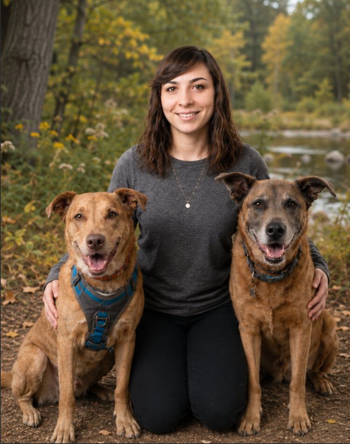 Carly with her two dogs by a lake