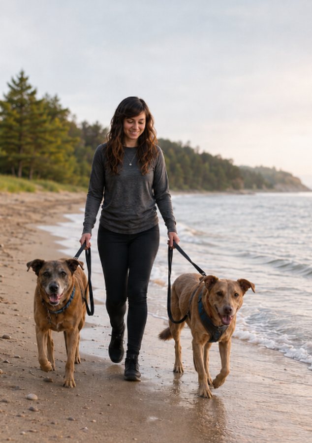 Carly walking her two dogs on the beach